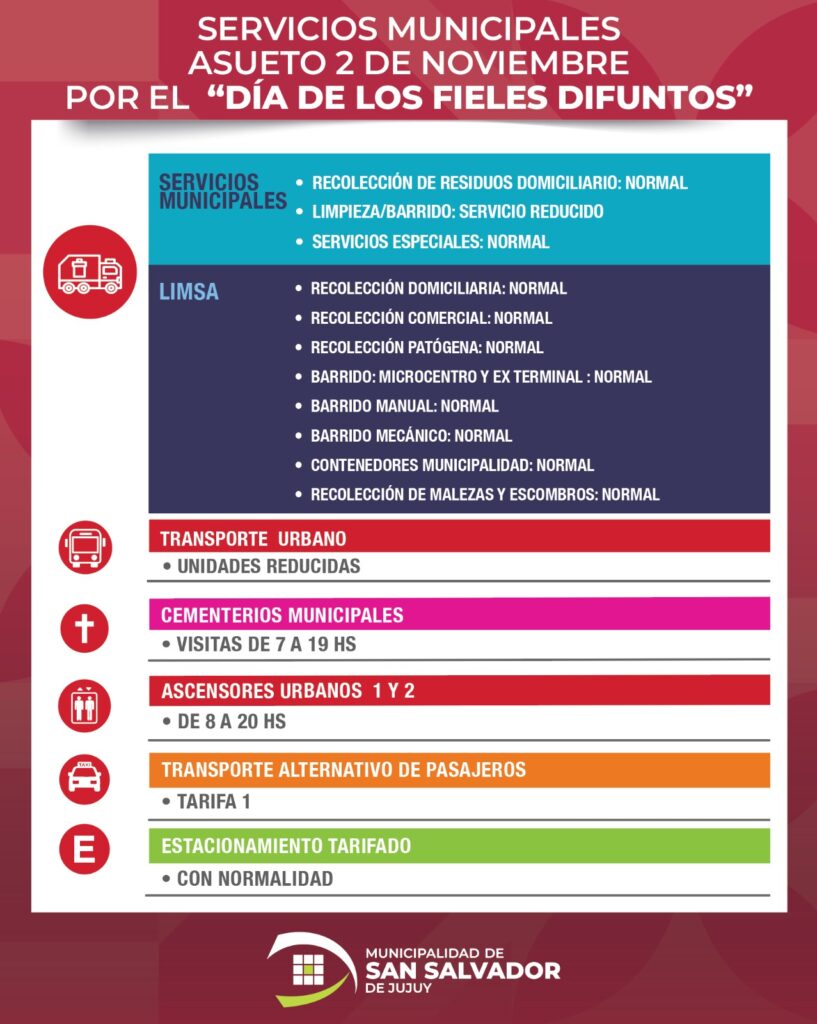 Esquema de servicios para el Día de los Fieles Difuntos en San Salvador de Jujuy